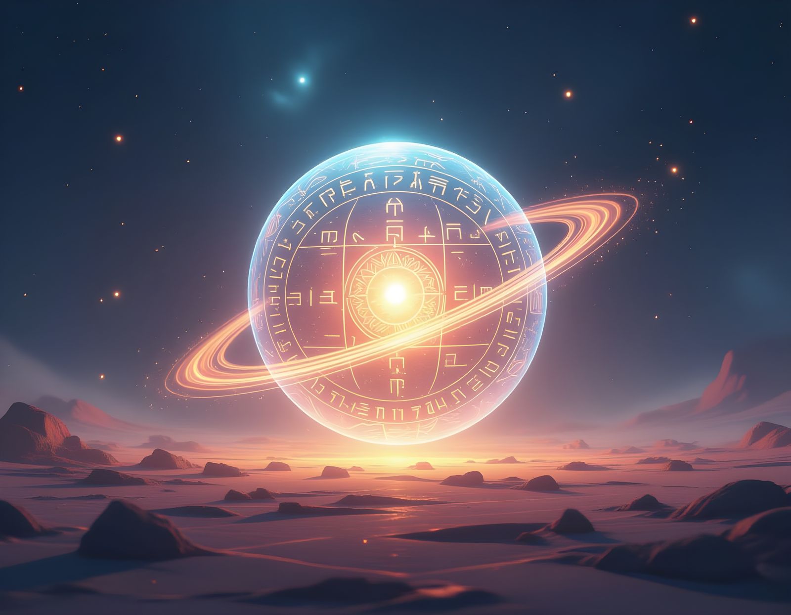 Ethereal Glowing Orb in Cosmic Void with Ancient Symbols
