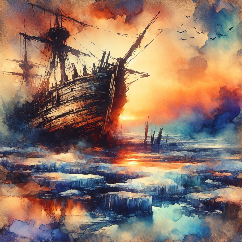 Watercolor and ink. Close up. An old wooden shipwreck on the icy shores at sunset.