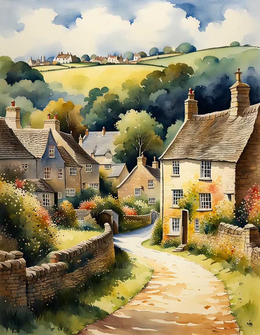 Charming Cotswold Village in Naive Watercolor Style