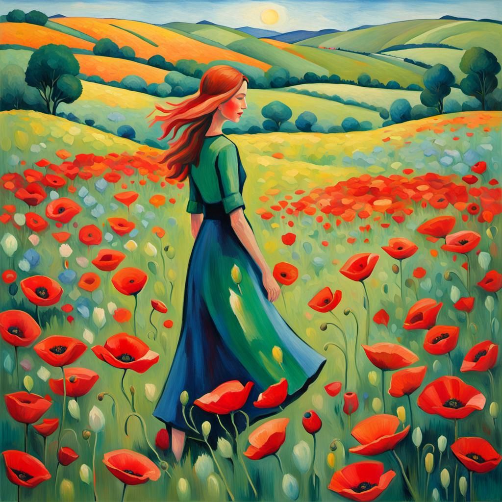 Woman in Poppy Field in Fauvist Expressionist Style