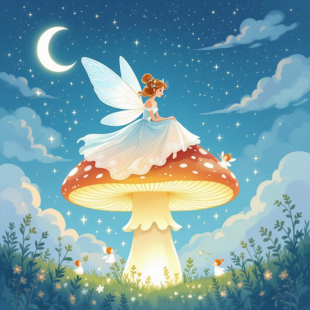 Fairy Rides Bioluminescent Mushroom: Watercolor Illustration