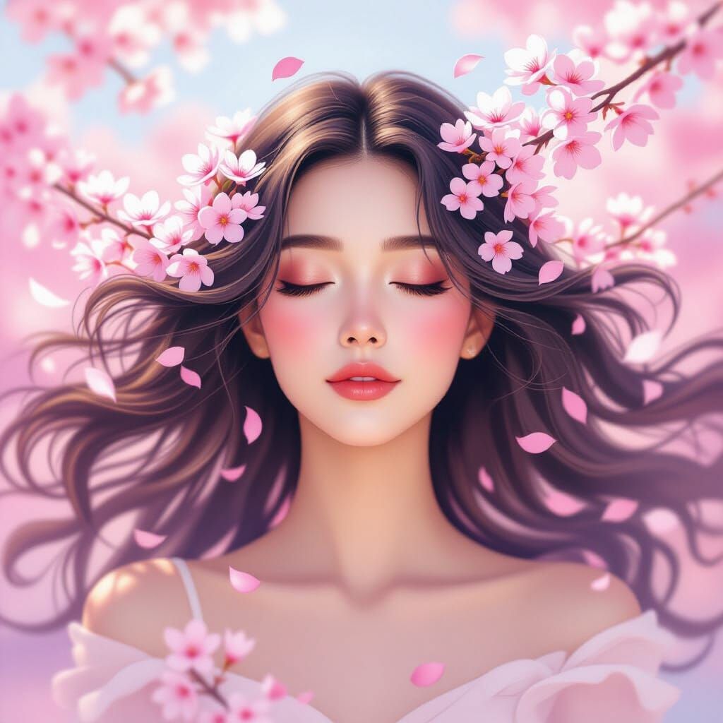 Cherry Blossom Woman: A Dreamlike Airbrush Portrait
