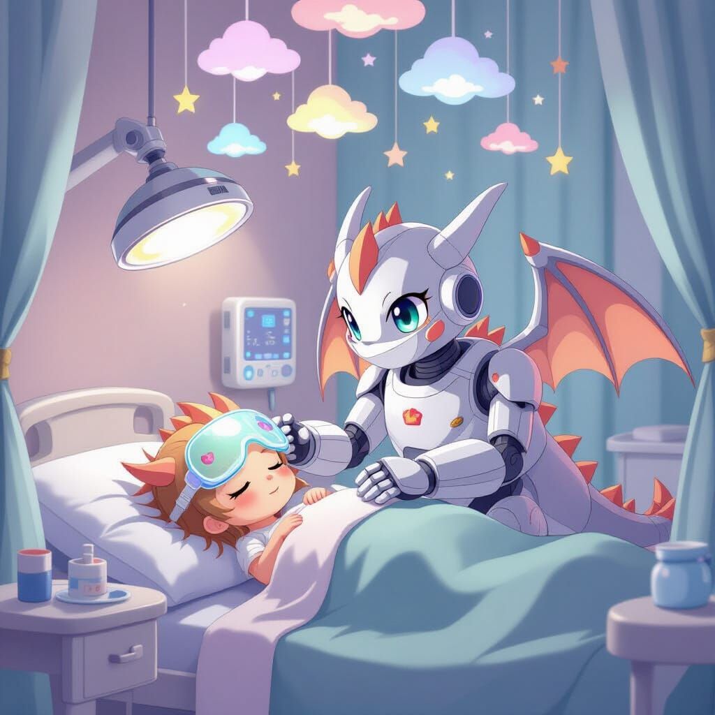 Robot Dentist and Sleeping Dragon Girl in Anime Style
