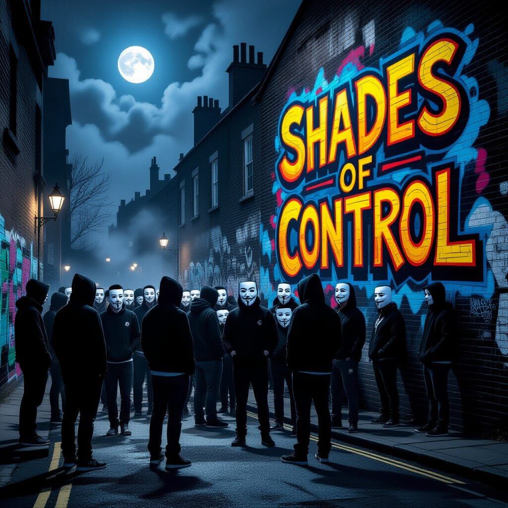 Masked Figures Gather Under Moonlit Mural