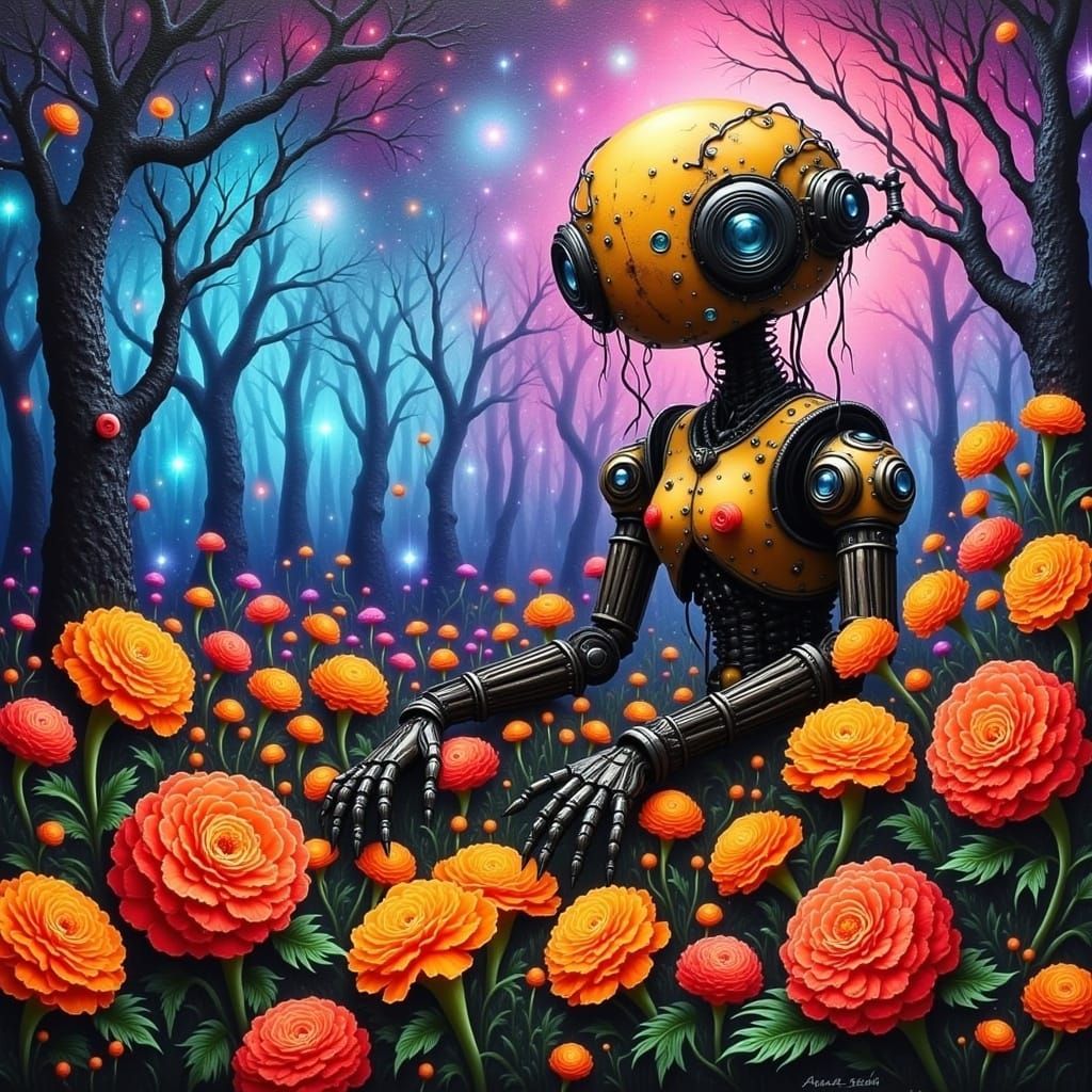Marigolds and Rusty Robot in Fantasy Art Style