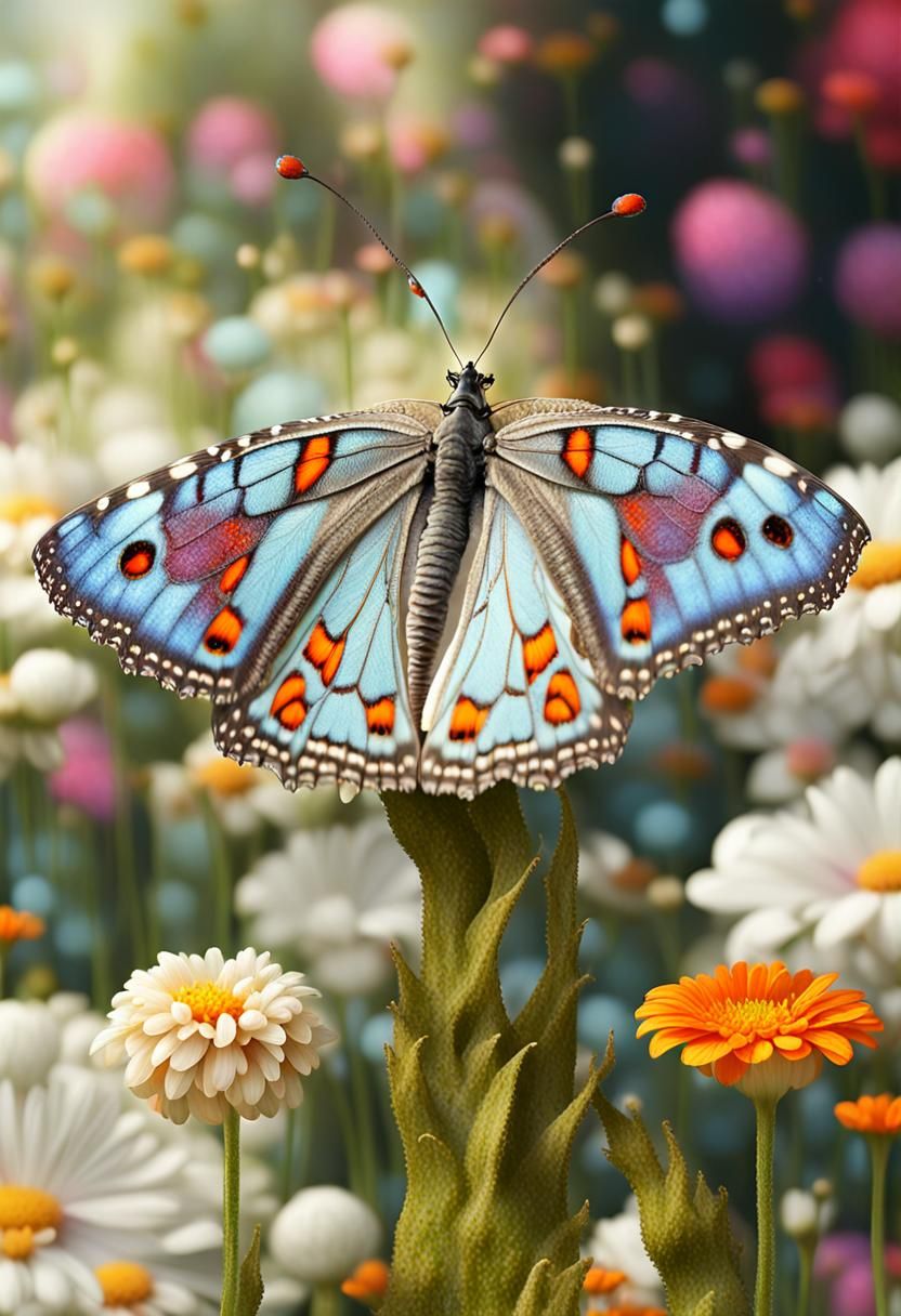 Butterfly in Hyperdetailed Photorealistic Flower Garden