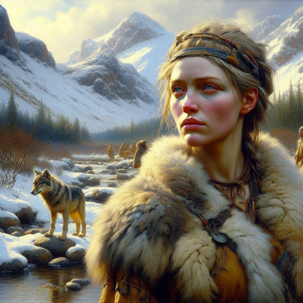 Ice Age Warrior and Wolf Pup in Renaissance Style