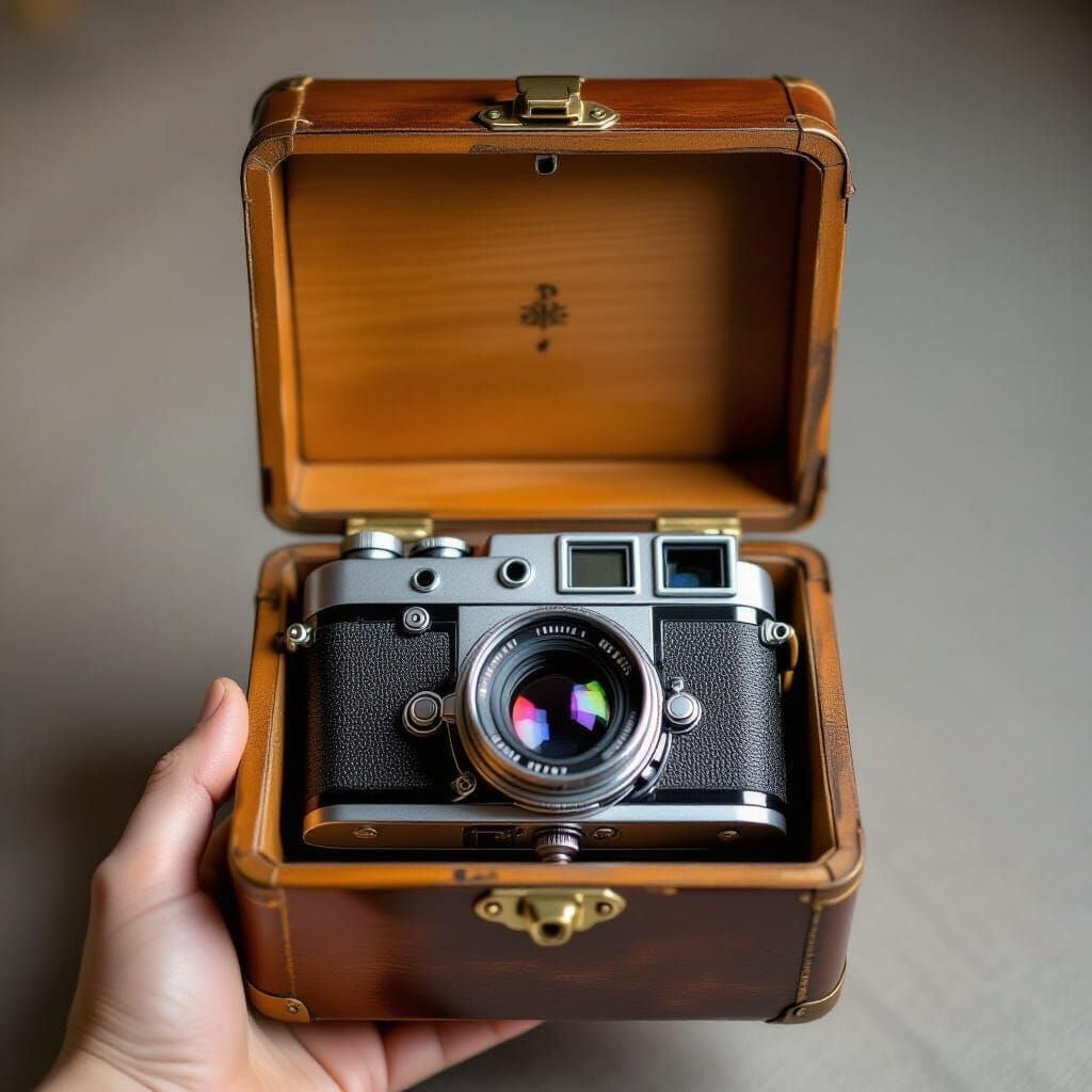 Vintage Studio Photo: Bellows Camera with Wooden Lid and Gla...