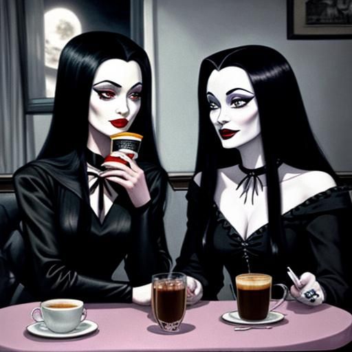 Lily Munster and Morticia Addams at Diner