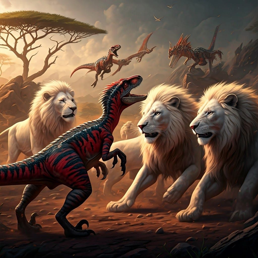 Velociraptors Versus White Lions in Epic Battle