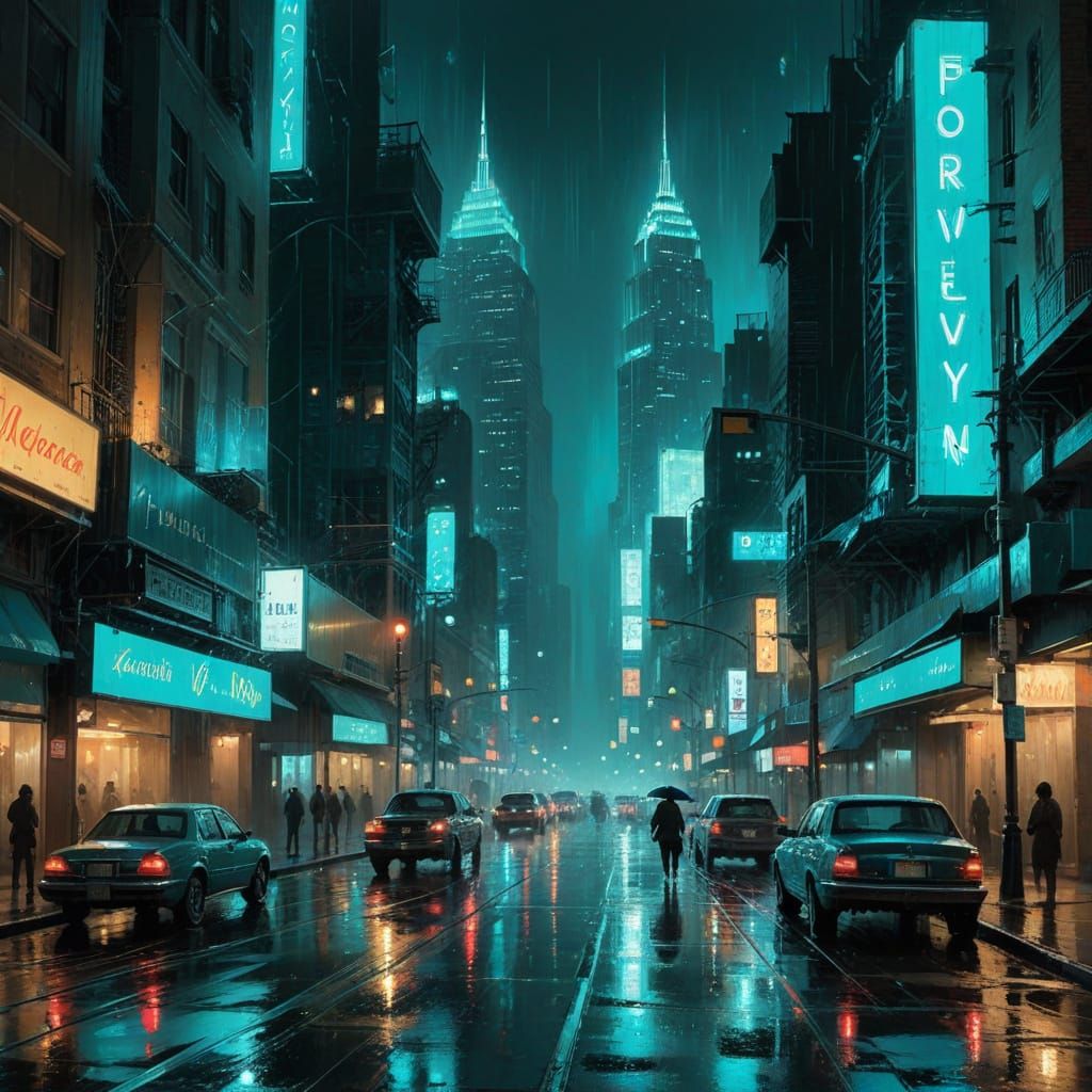 Ethereal Rainy Cityscape in Acrylic Style