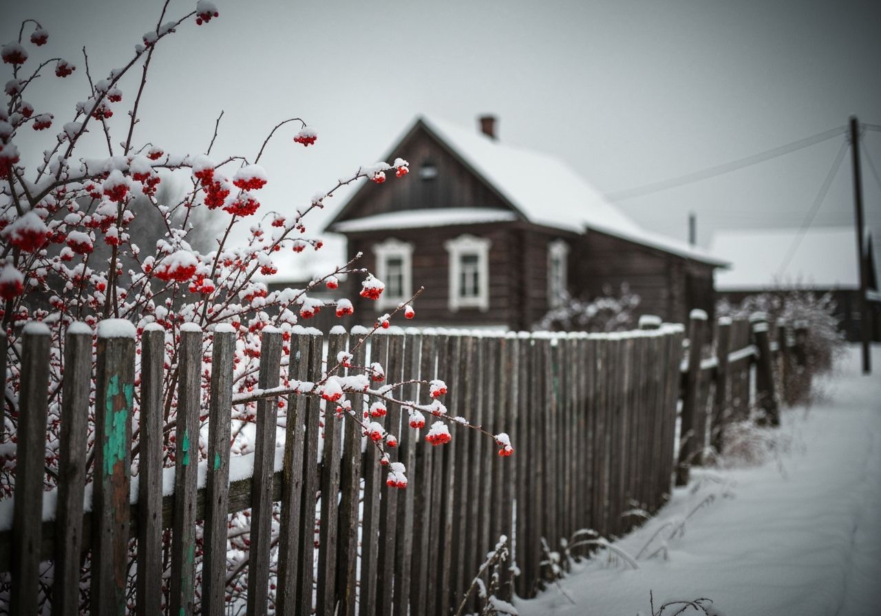 Moody Winter Scene: Red Berries and Rustic Fence