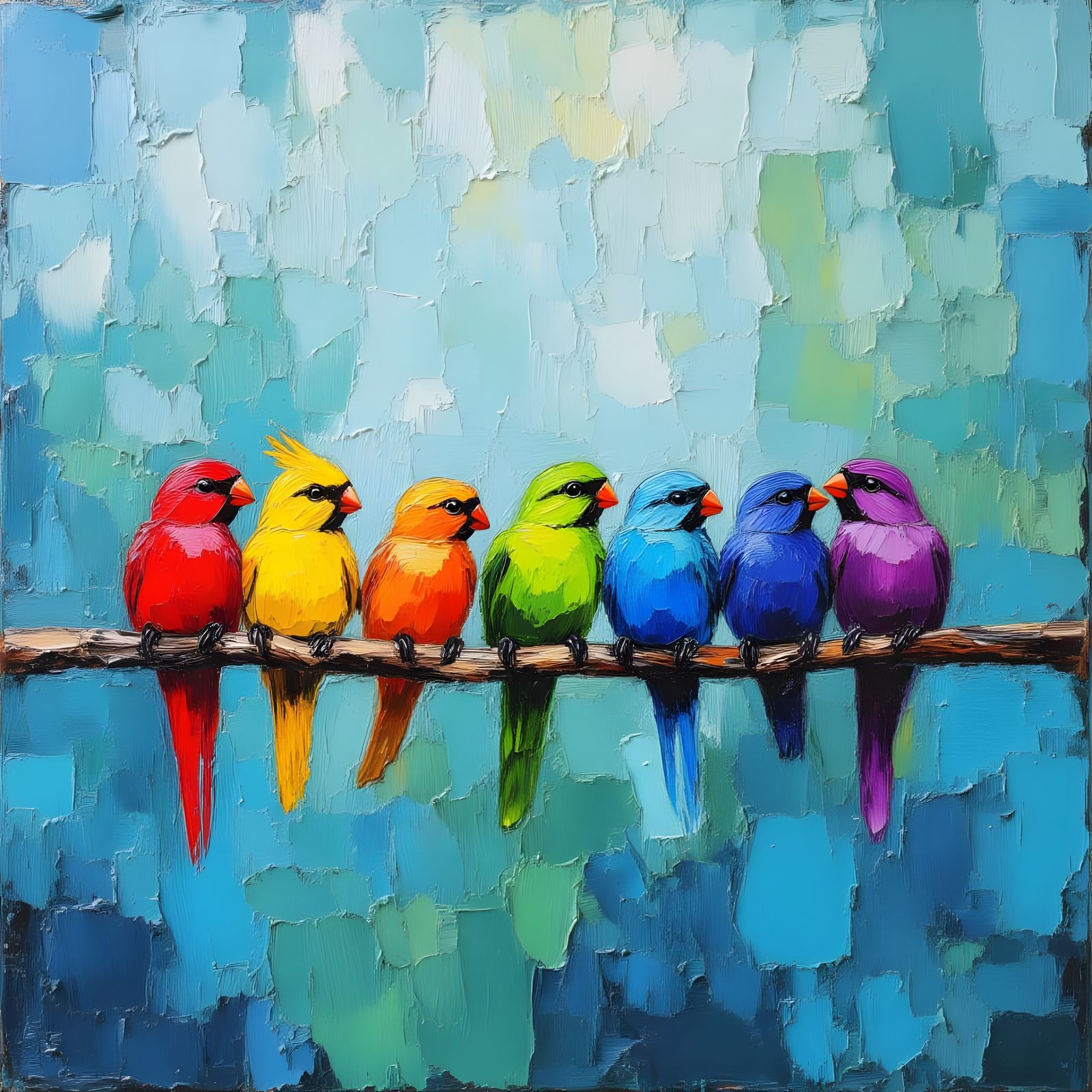 Colorful Birds on Wire in Impasto Style