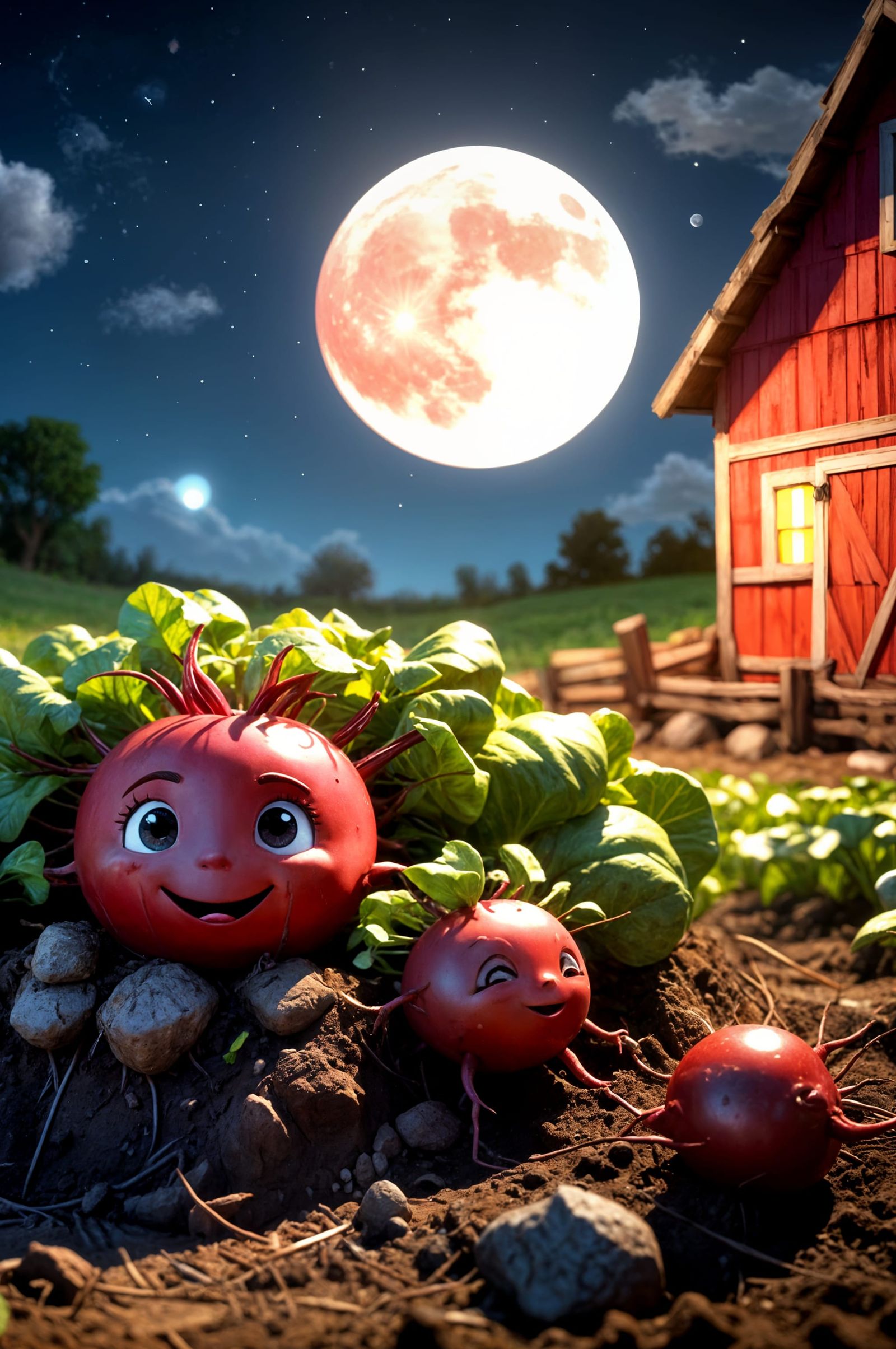 Chibi Beets Slumber Under a Vibrant Moonlit Sky