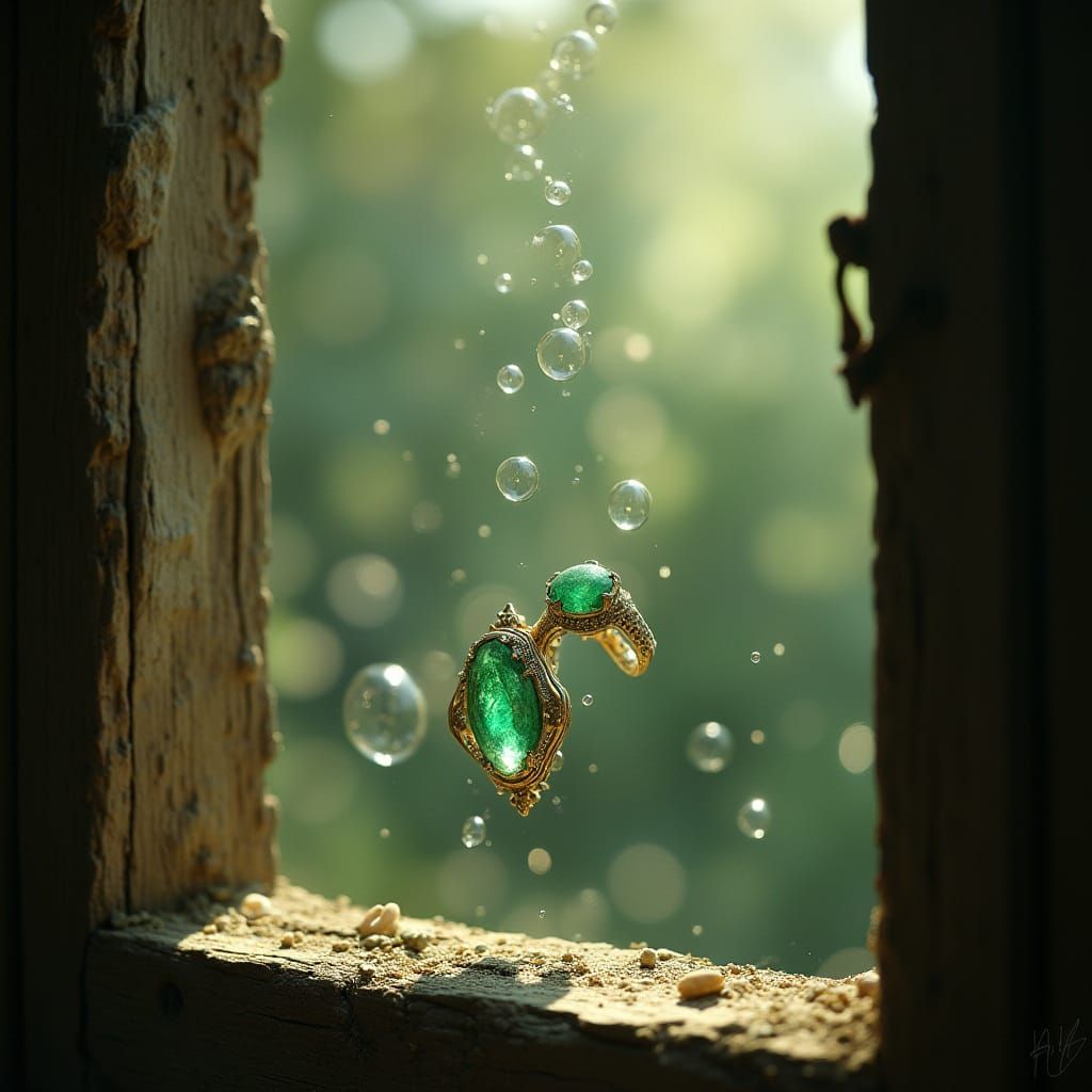 Emerald Rings in Bubbles Float from Window