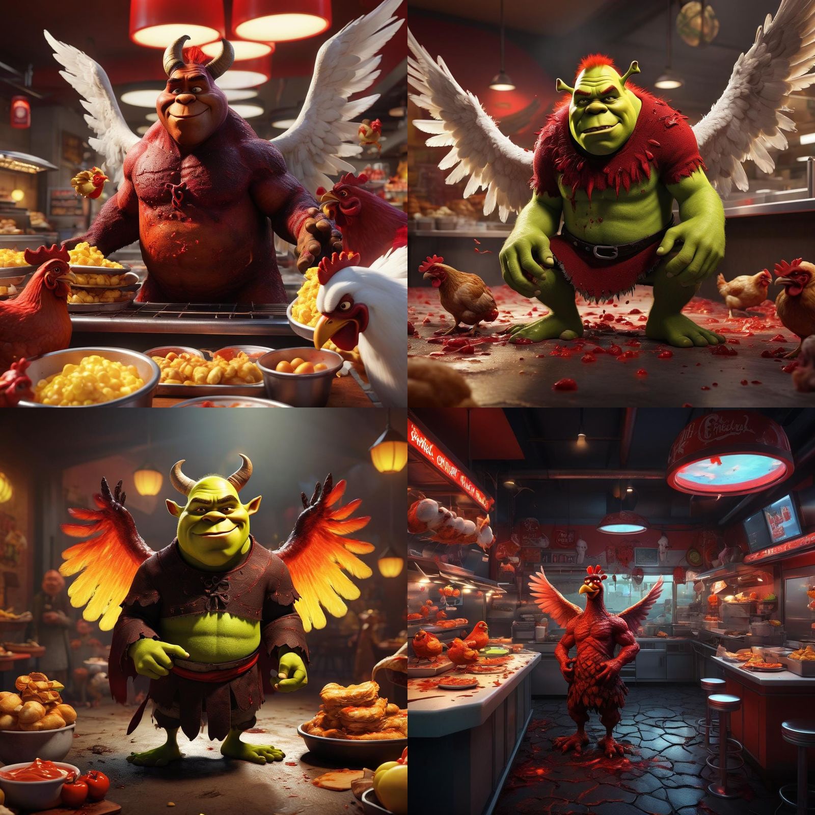 Evil Ogre Devil Butchering Angel Chickens: 3D Digital Art