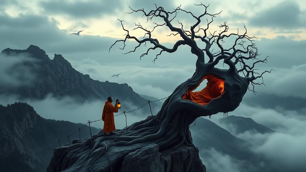 Monk and Skull Tree Portal at Dusk in Magic Realism