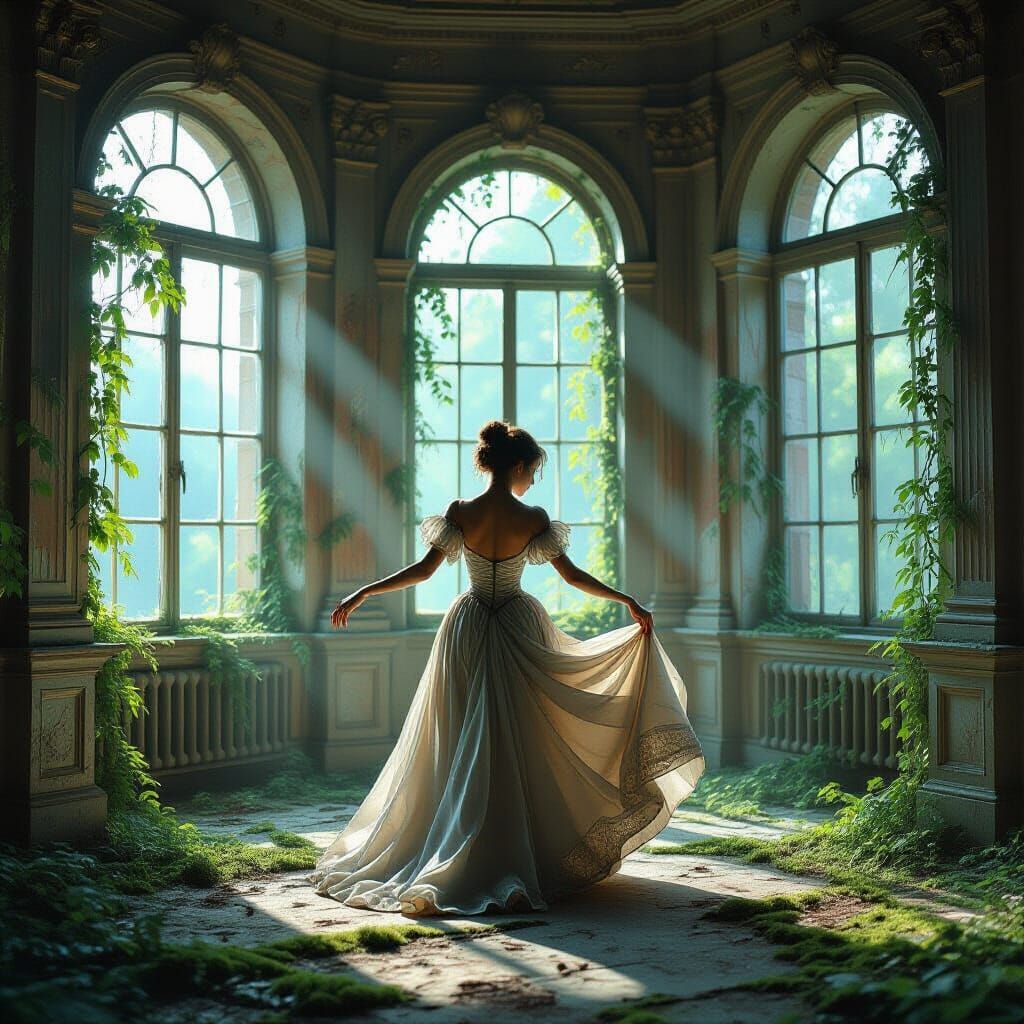 Ballroom Dancer in Ruined Grand Hall, Ethereal Light