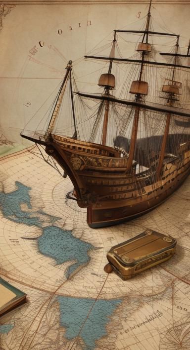 Vintage Map Book Cover with Ships and Compass