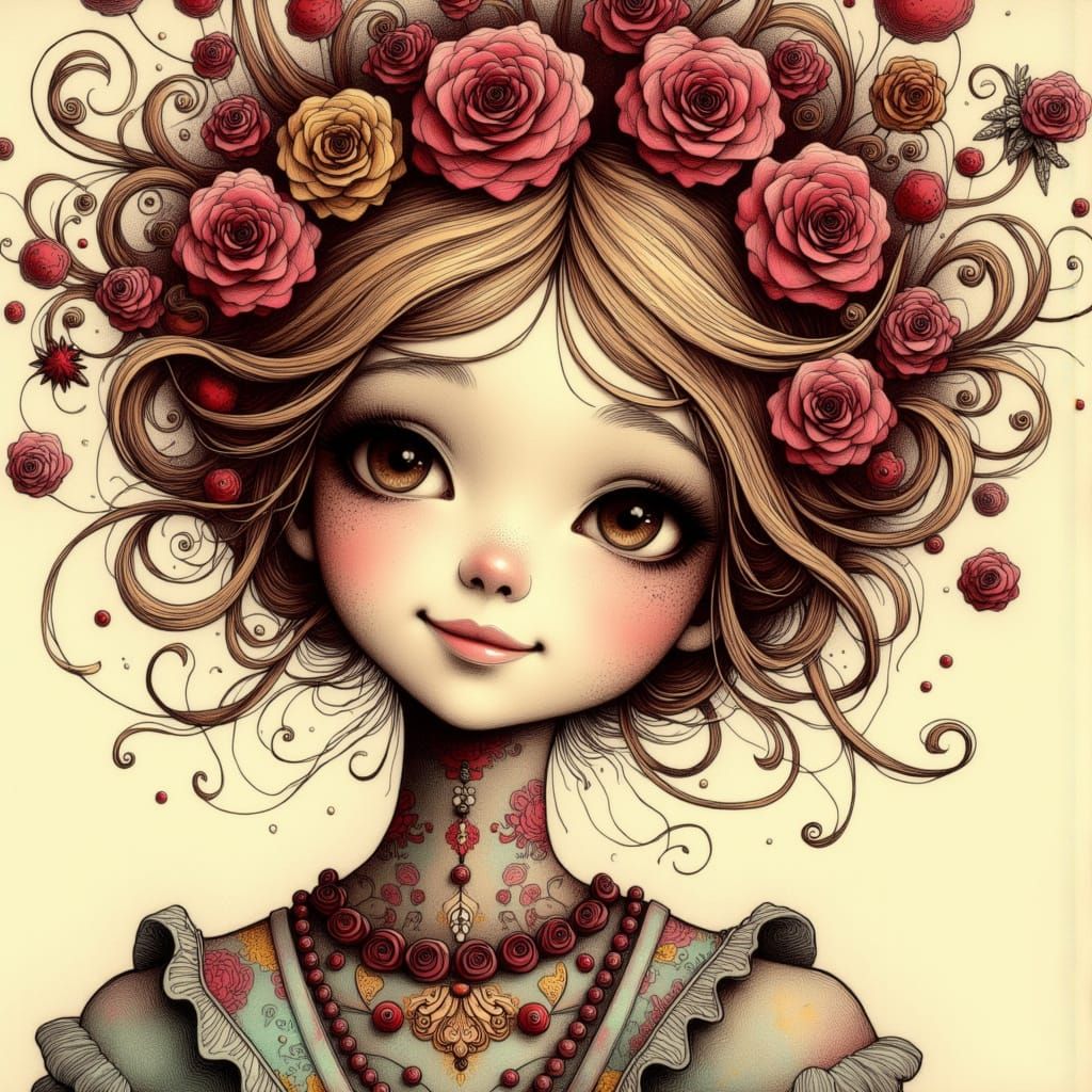 Rose-Adorned Woman in Whimsical Ink Art Style