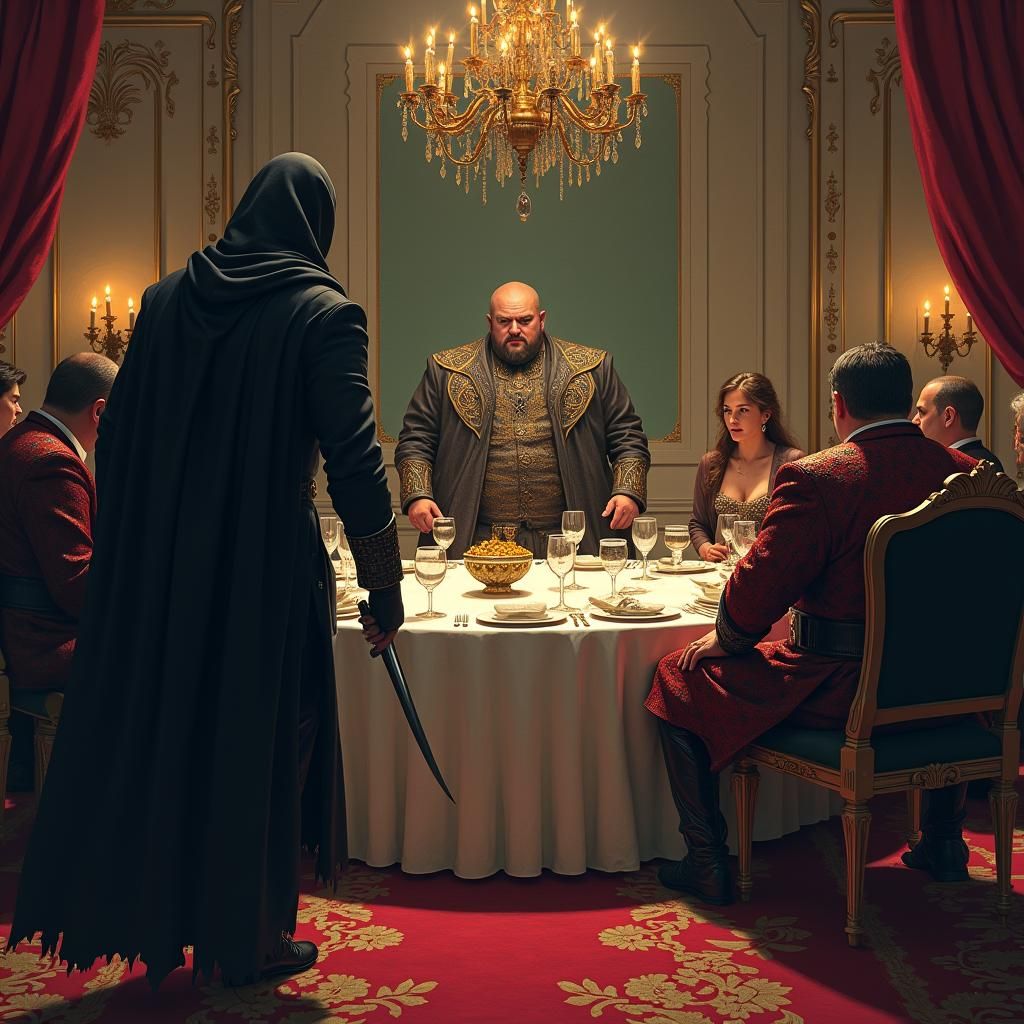 Assassin Strikes at Dinner Party in Dark Fantasy Style