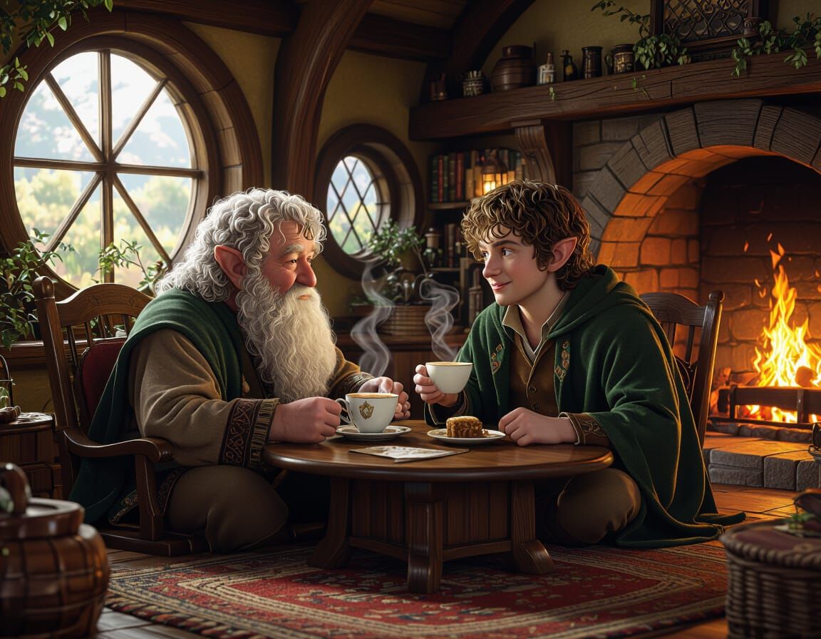 Hobbits Share Magical Coffee in Cozy Hobbit Hole