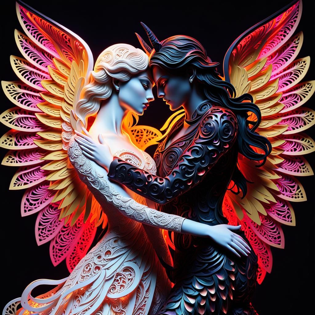 Angelic Demon Embrace in Vivid Kirigami Style