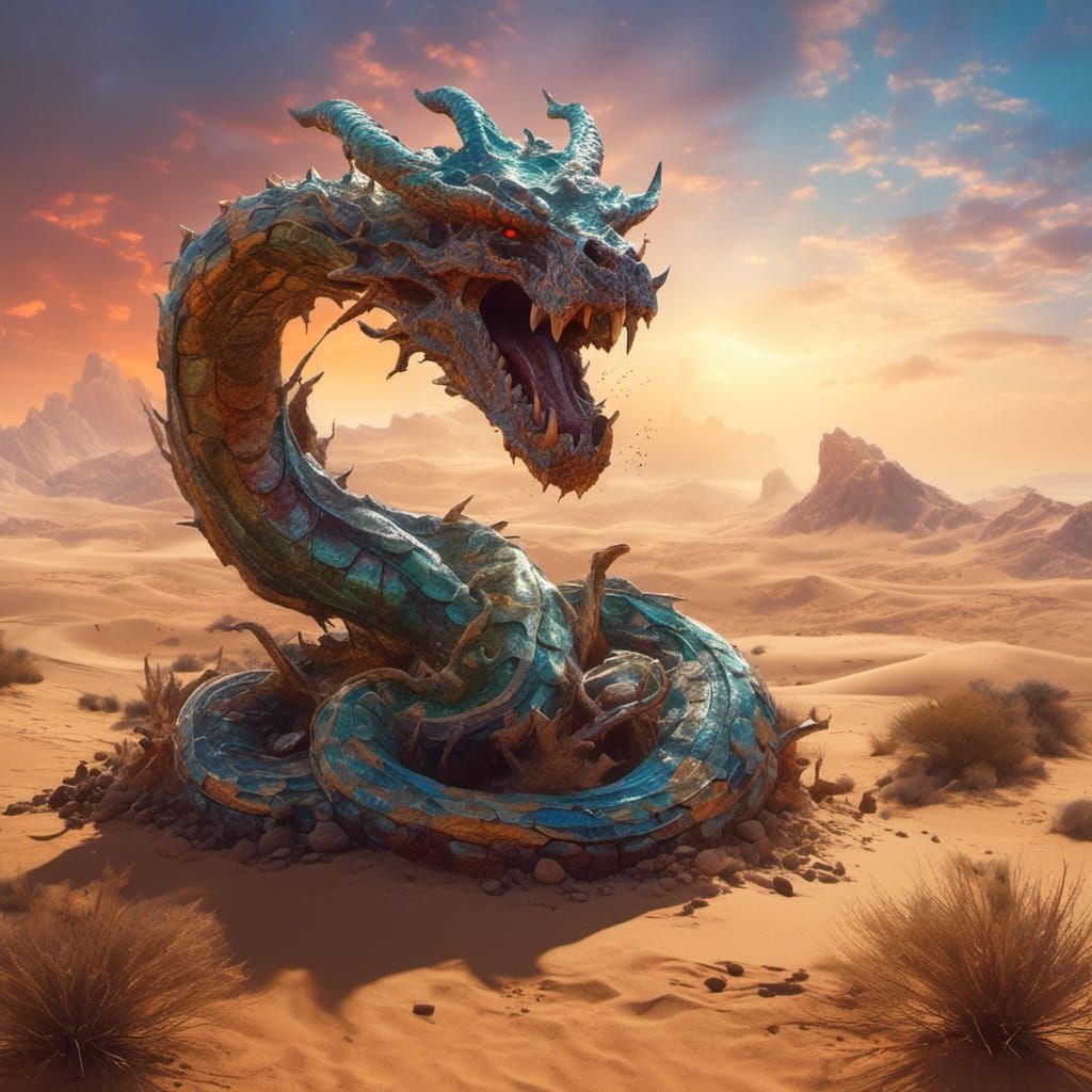 Horned Serpent Demon in Hyperrealistic Desert Art