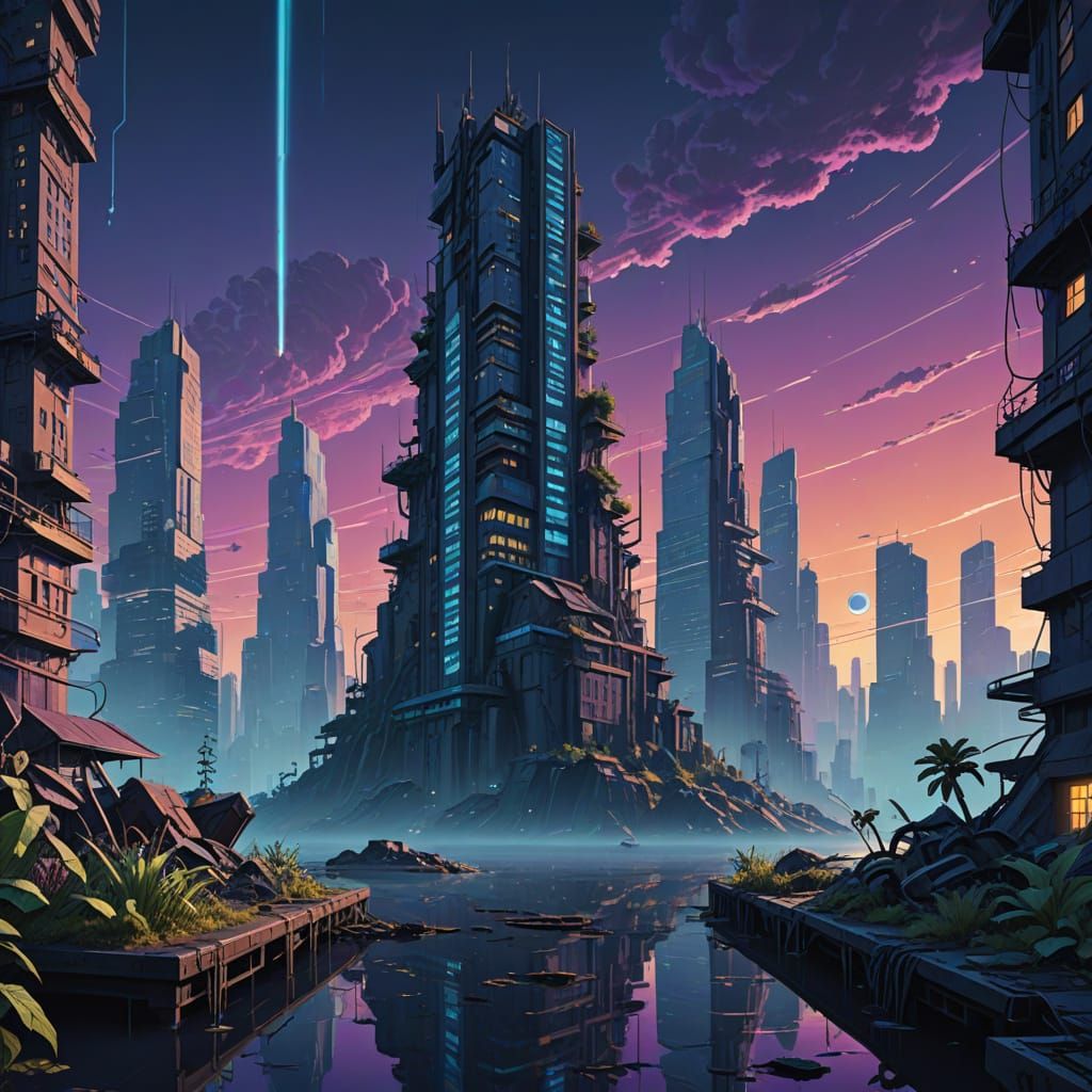 Ethereal Cityscape in Vibrant, Dreamlike Style