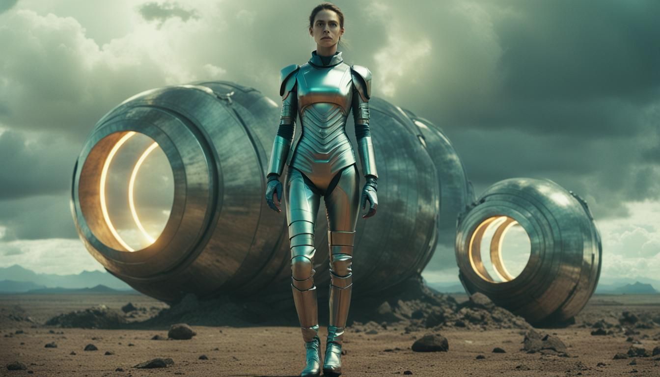 Futuristic Women Stand Vigilant in Alien Desert