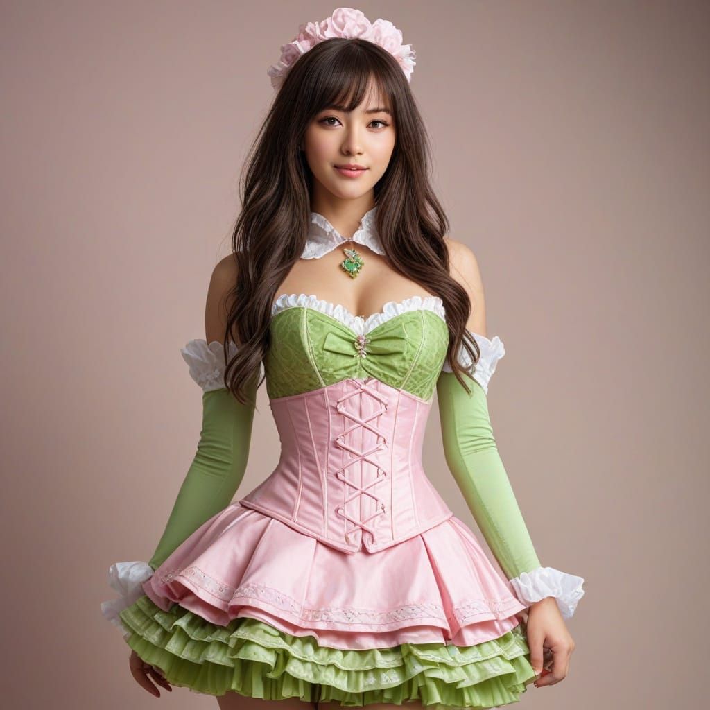 Charming Young Woman in Green and Pink Cosplay