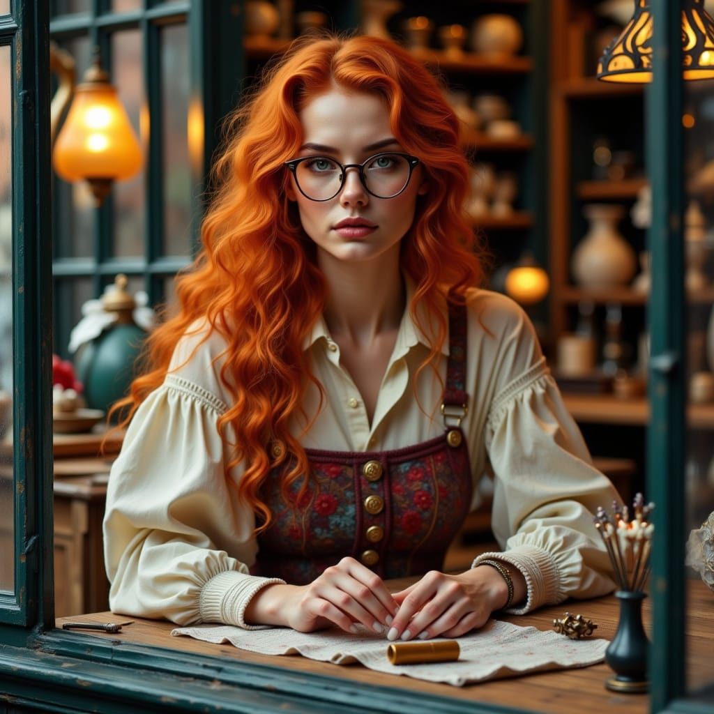 Redhead Seamstress in Quaint Shop, Vermeer Style