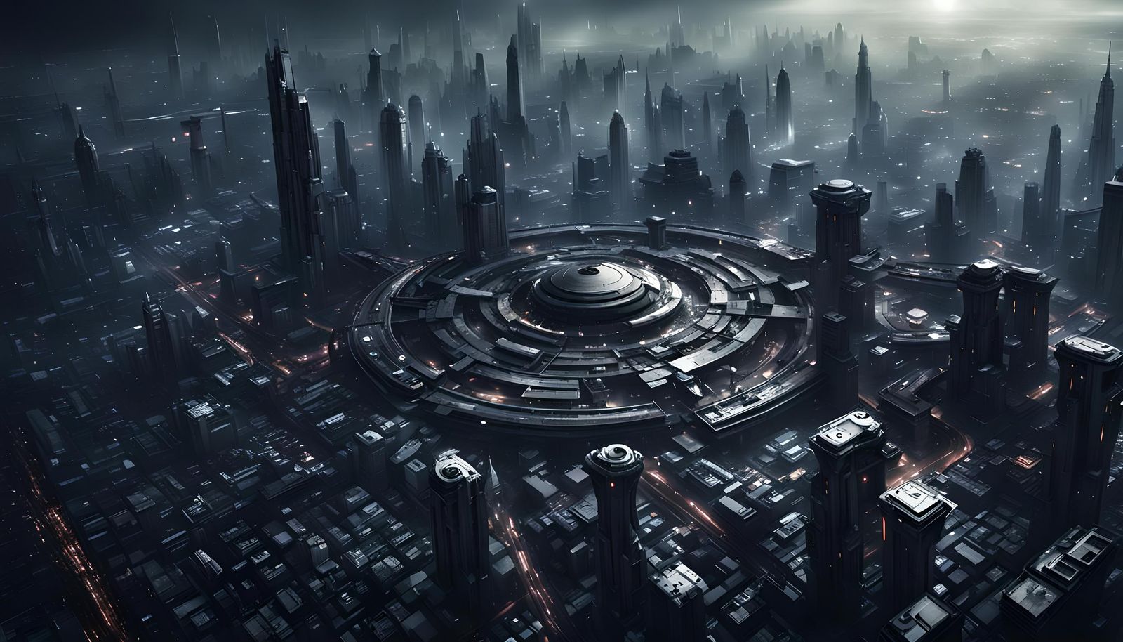 Aerial View of a Dark Sci-Fi Cityscape