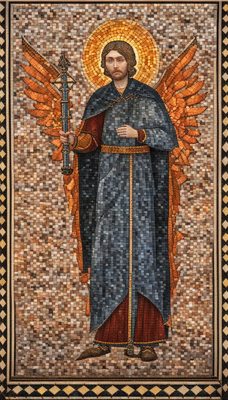 Angel Guarding Eden's Gate in Byzantine Mosaic Style