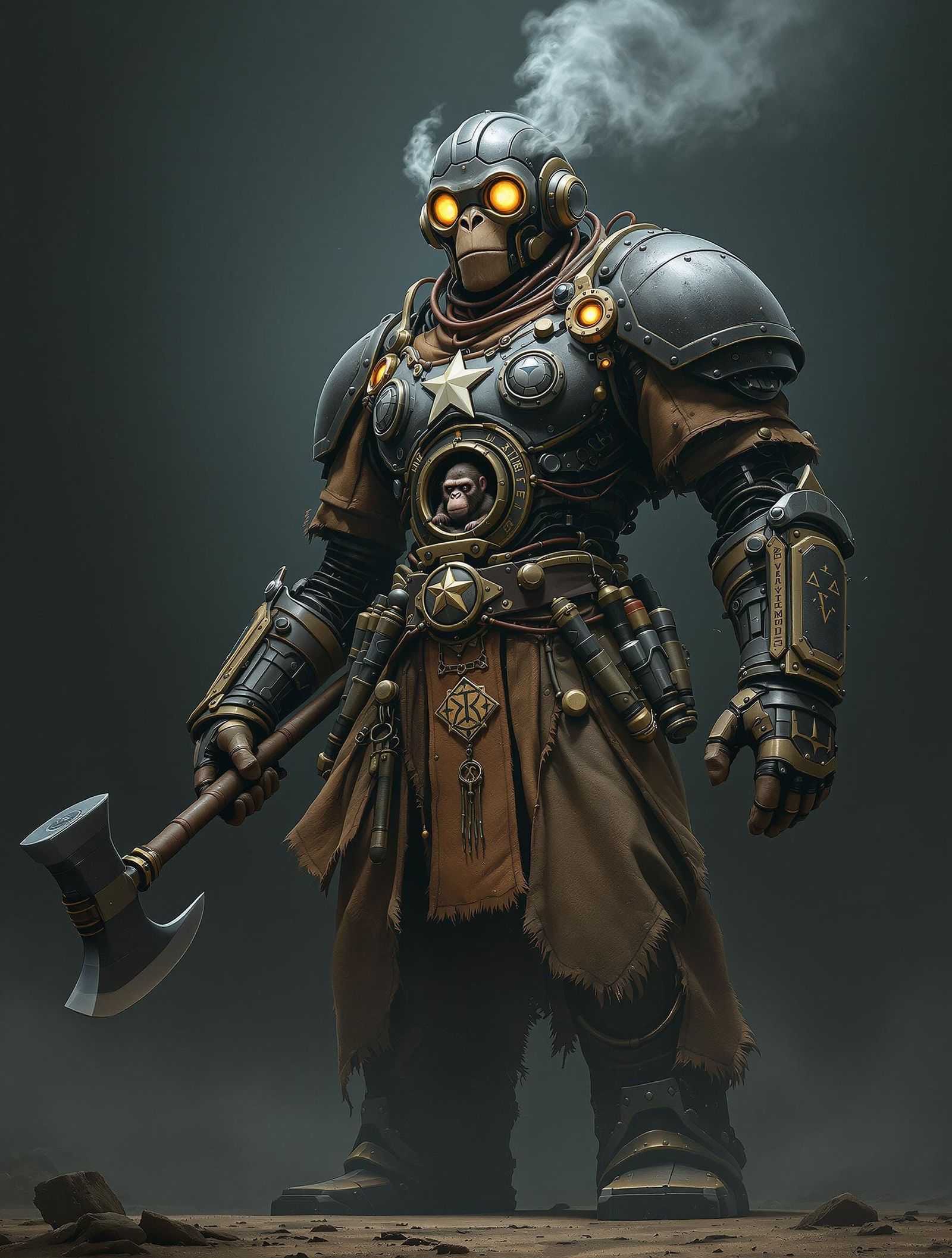 A towering, steampunk-inspired automaton Cowboy dominates the scene. Its helmeted head features two, glowing yellow eye,...