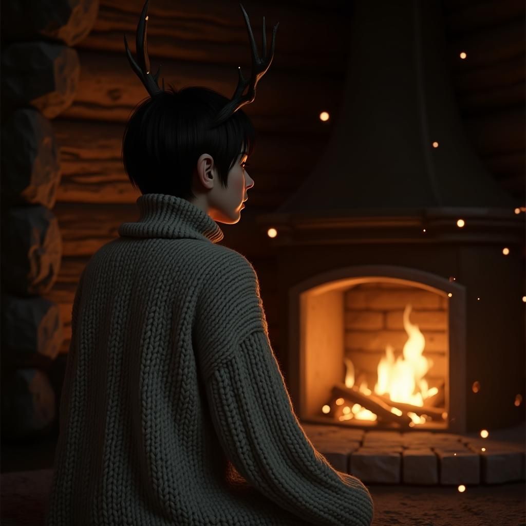 Elf with Deer Antlers in Cozy Cabin, Dark Fantasy Art
