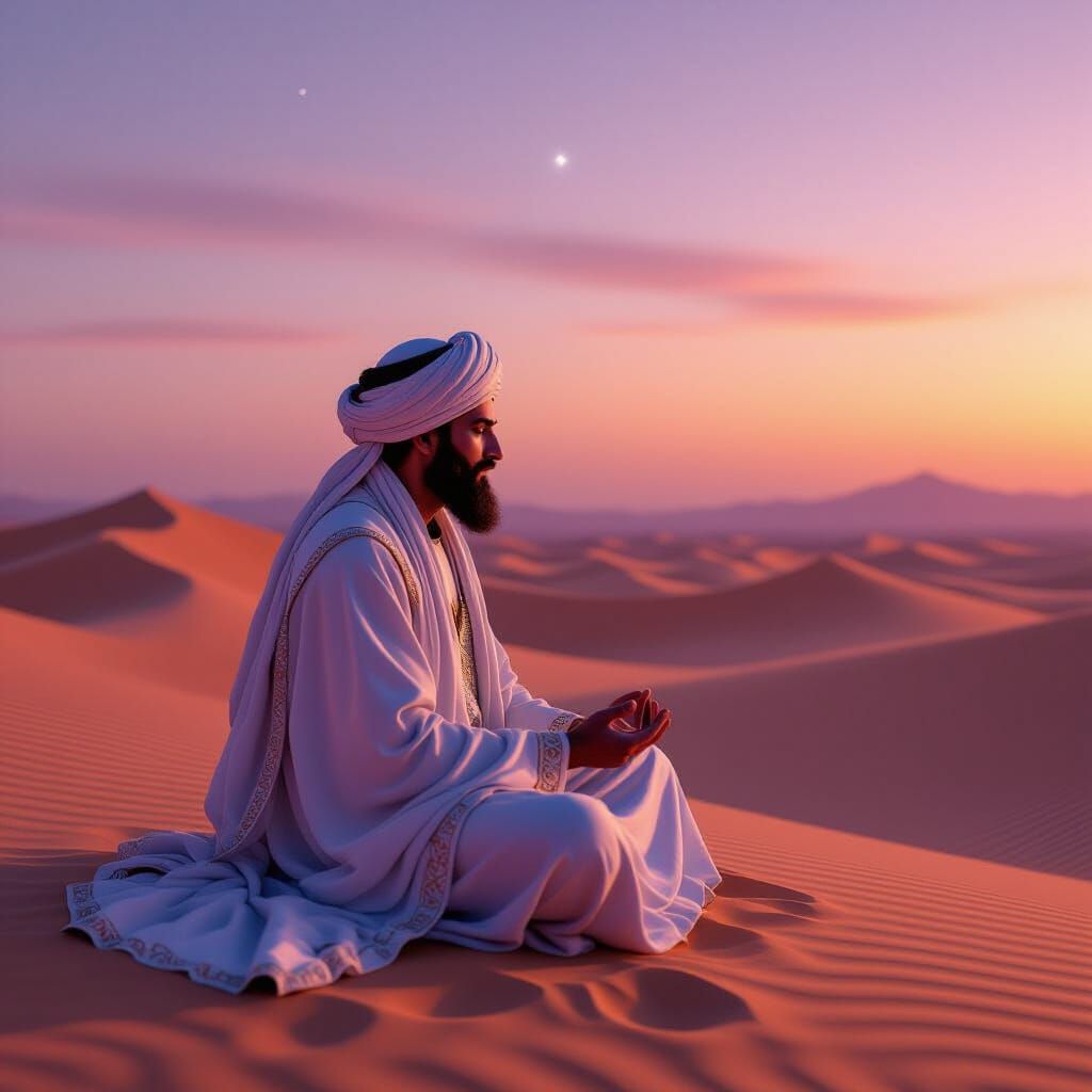 Sufi Darwesh in Desert Dusk Landscape