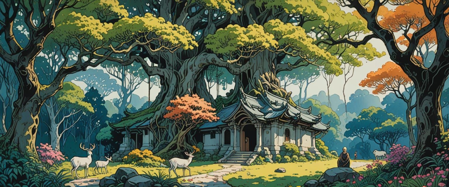 Forest Temple Complex in Watercolor Comic Style