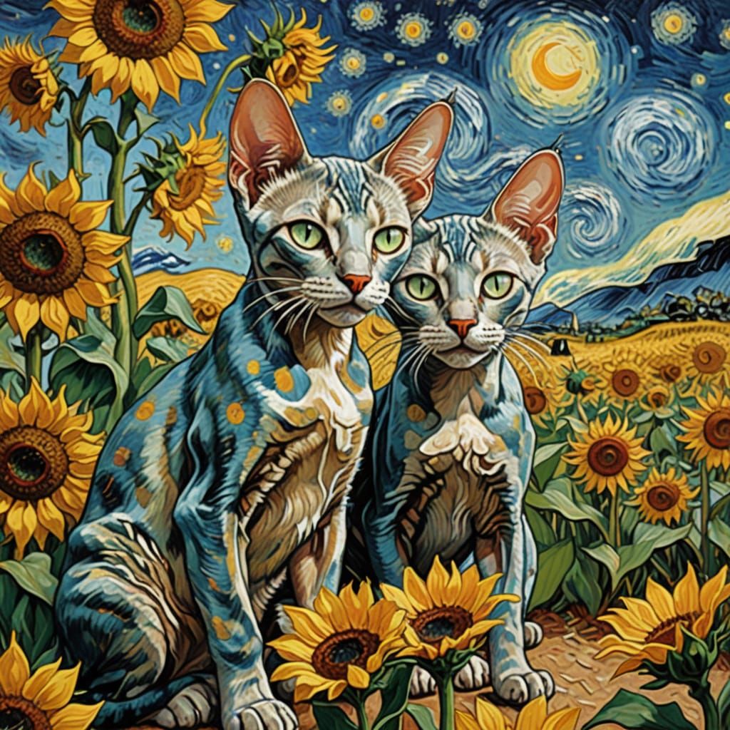 Sphinx Cats in Vibrant Sunflower Field