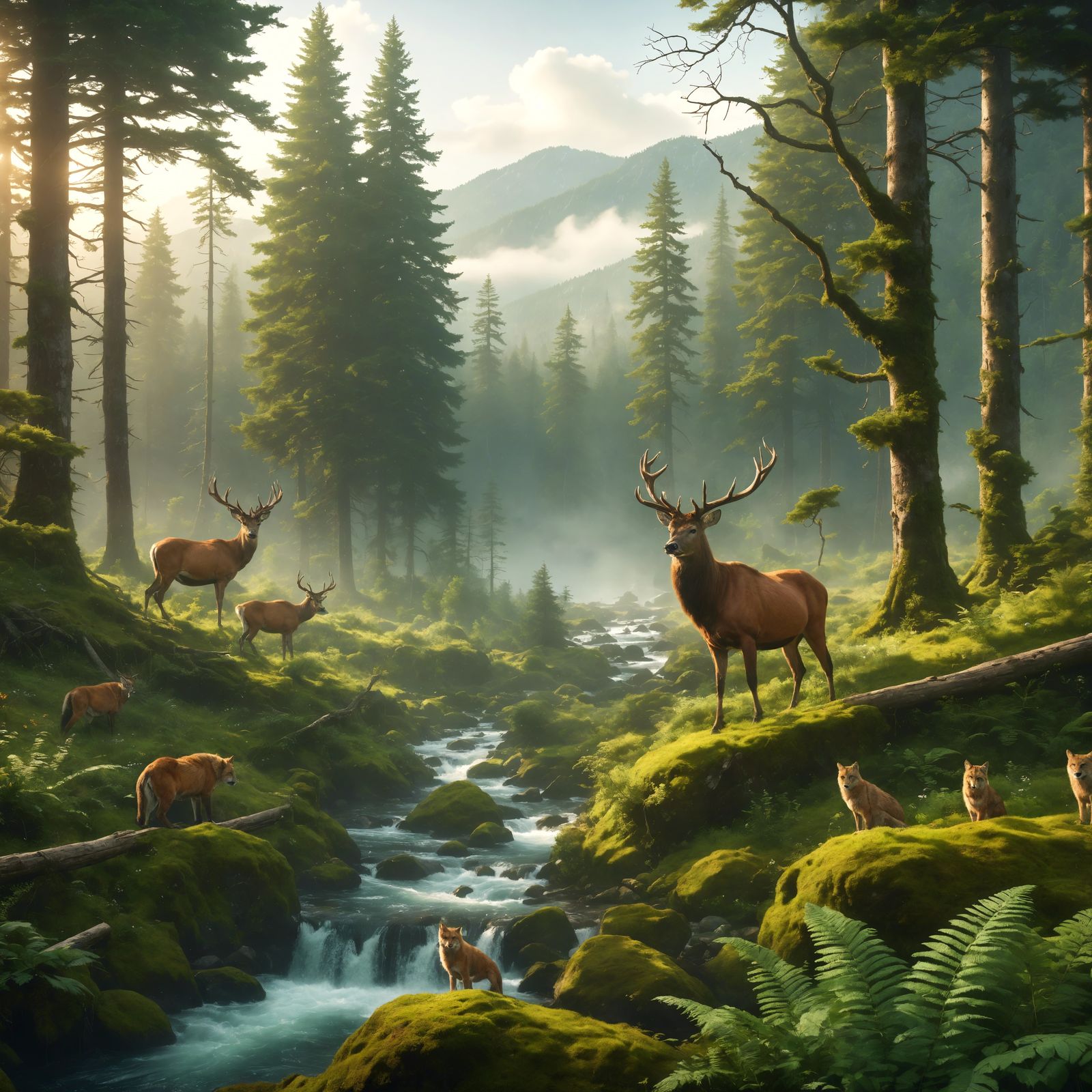 Serene Wilderness Scene with Deer and Misty Mountains