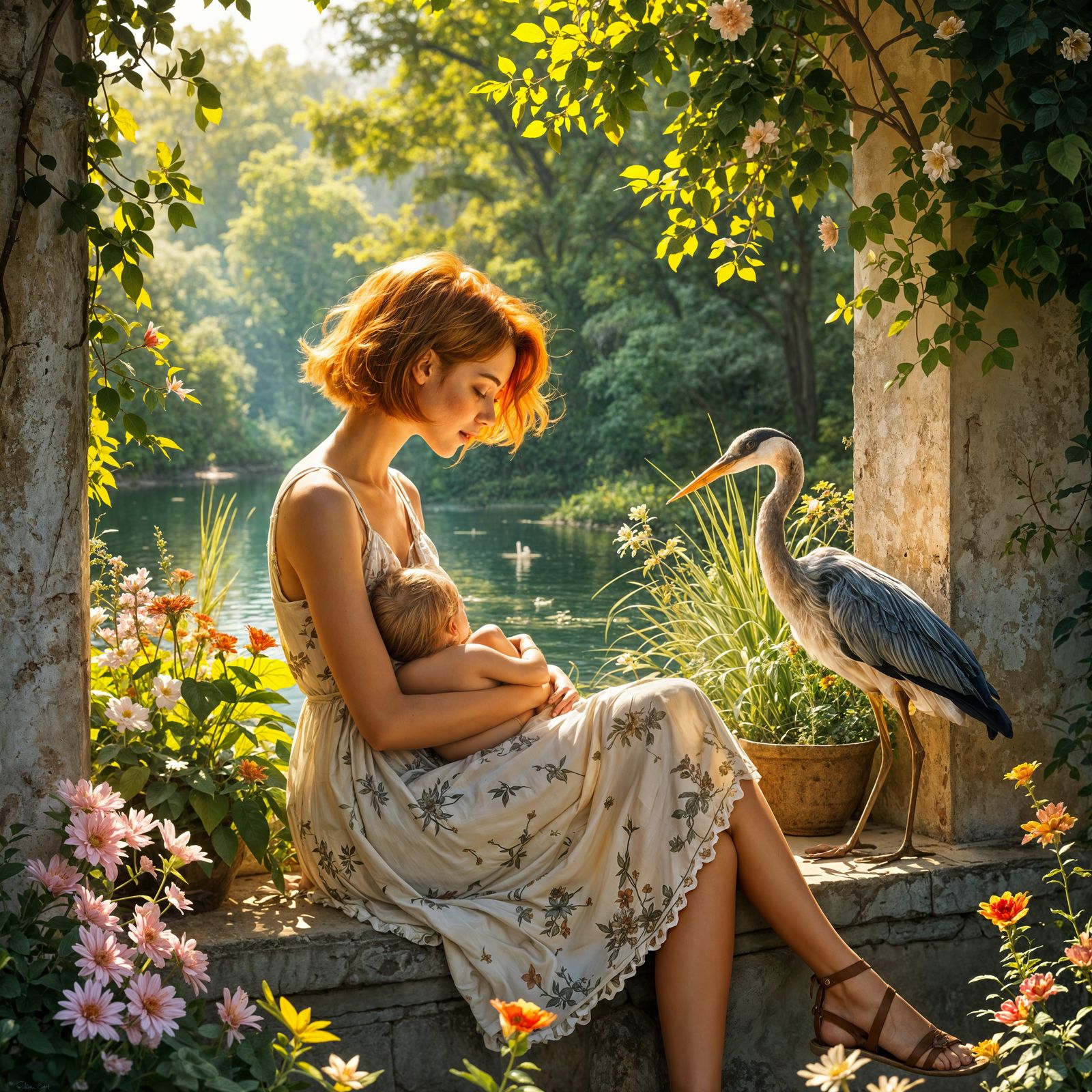 Vibrant Summer Scene with Ginger-Haired Mother and Baby