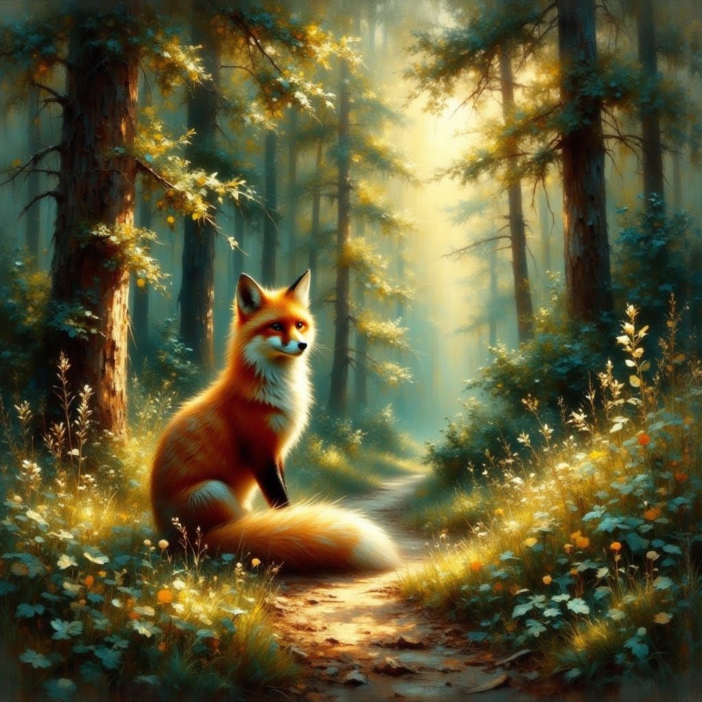 Fox in Forest Landscape, Impasto Style