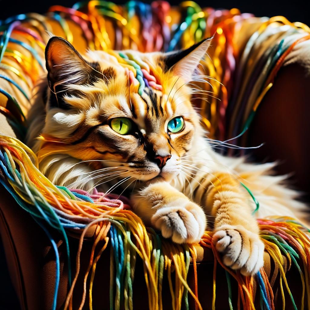Surreal Cat Nap: Colorful Strings in Dreamlike Scene