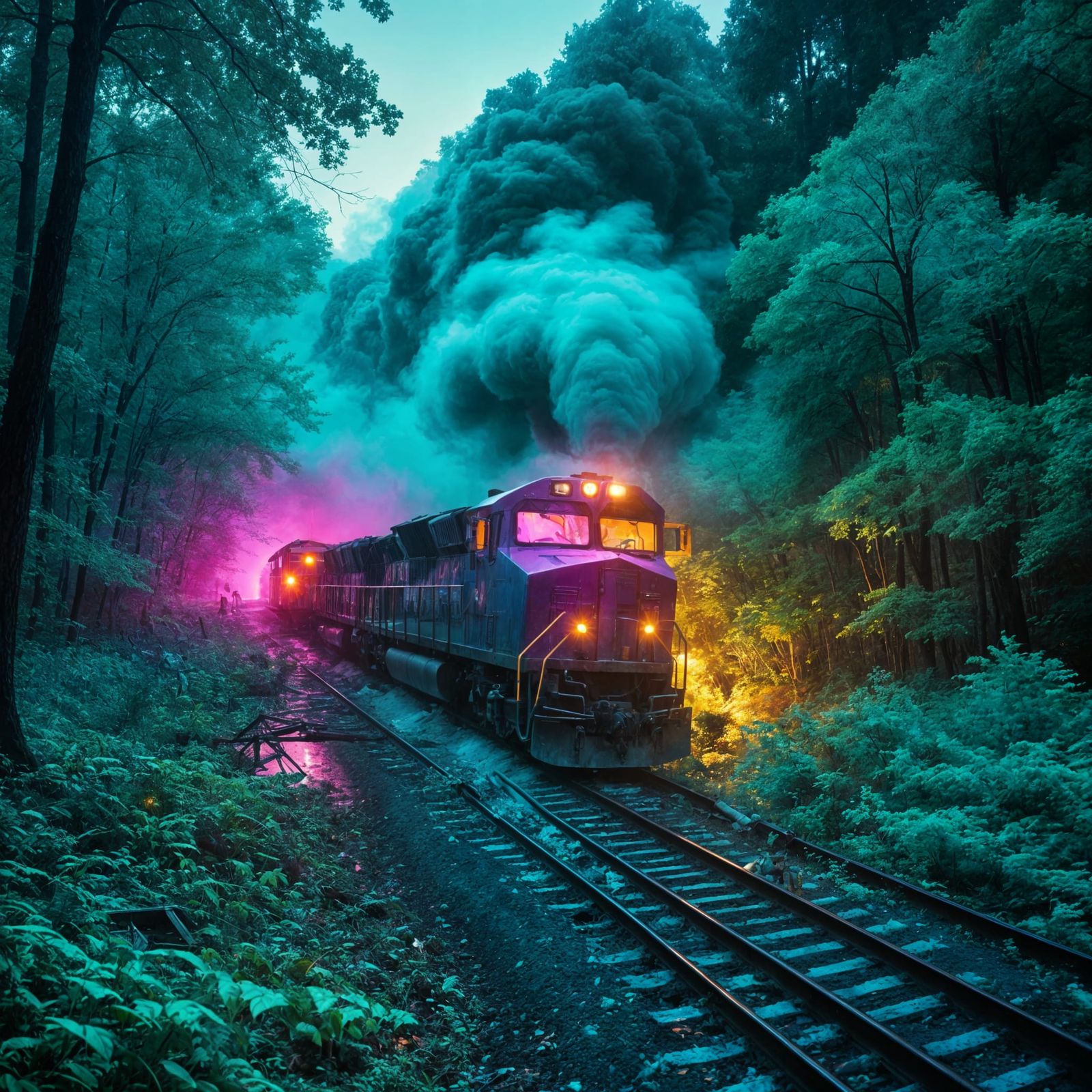 Fluorescent Surrealism: Freight Train Through a Forest