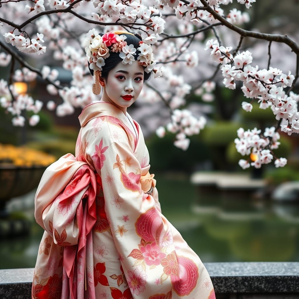 Geisha in Kimono in Japanese Garden Art Style