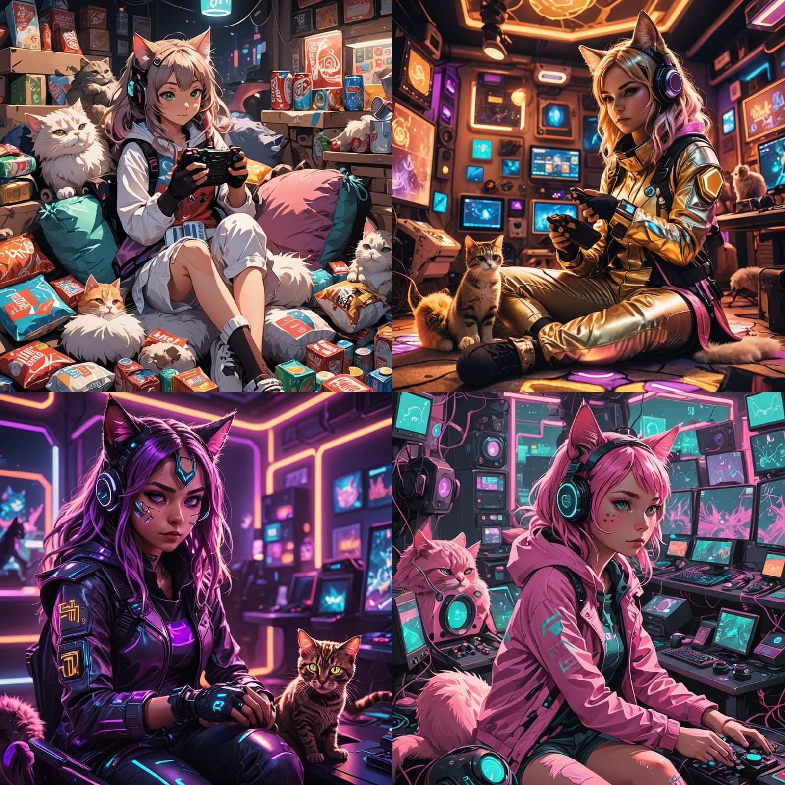 Cat Girl Plays Video Games: Detailed Matte Painting