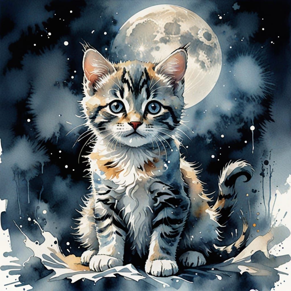 Kitten Under Full Moon in Watercolor Style
