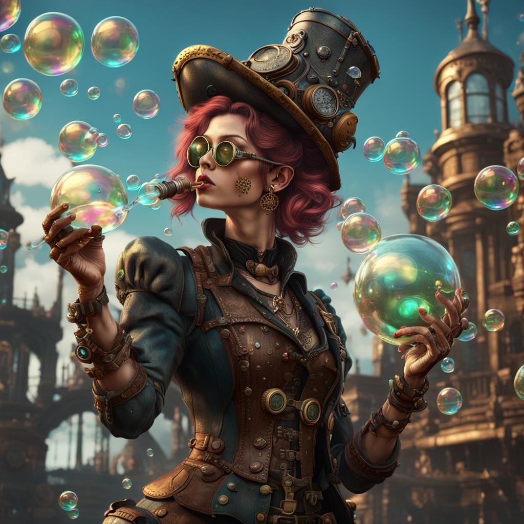 Steampunk Woman Blowing Bubbles: Detailed Digital Art