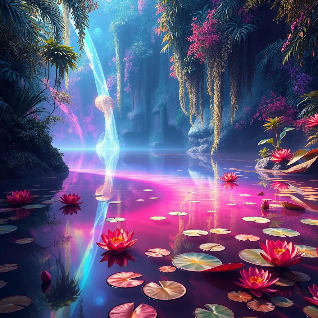 Iridescent Rainbow Lake with Exotic Flora