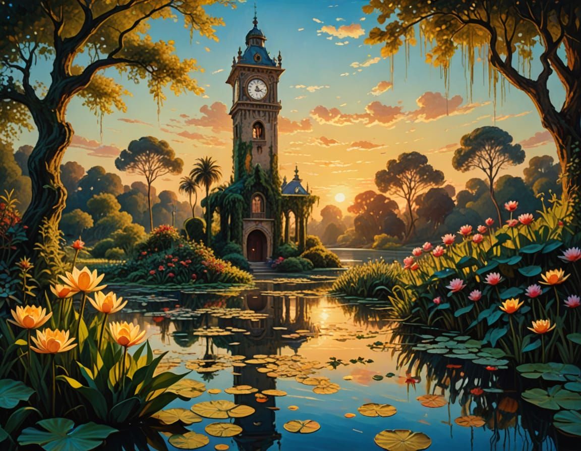 Dreamlike Clock Tower Rises from Serene Lake in Impressionis...